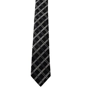 JF J.Ferrar Tie Black Silver Plaid Polyester Classic Men's Necktie Corporate Mod